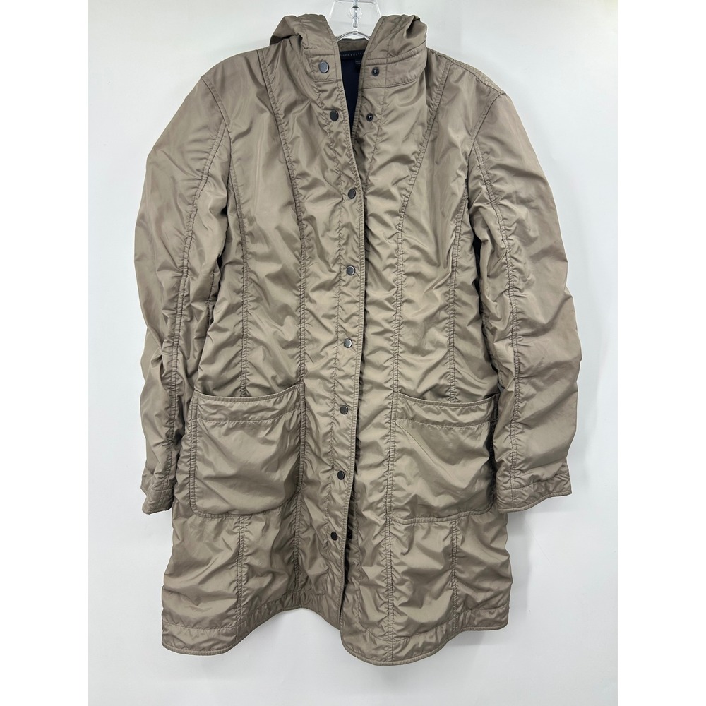 Bernadette Conte Womens Quilted Hooded Longline Jacket Taupe Brown Size 8